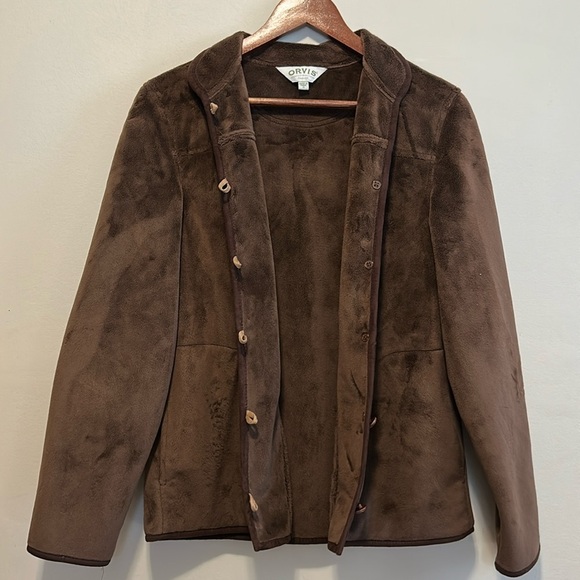 Orvis Brown Fleece Jacket S | Button Front Elbow Patch Soft Cozy Outdoor Coat - Picture 2 of 5